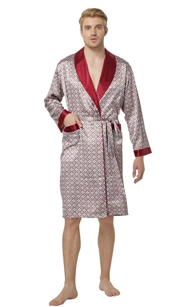 Men's Satin Long Sleeve Robe with Shorts Set-Beige/Burgundy