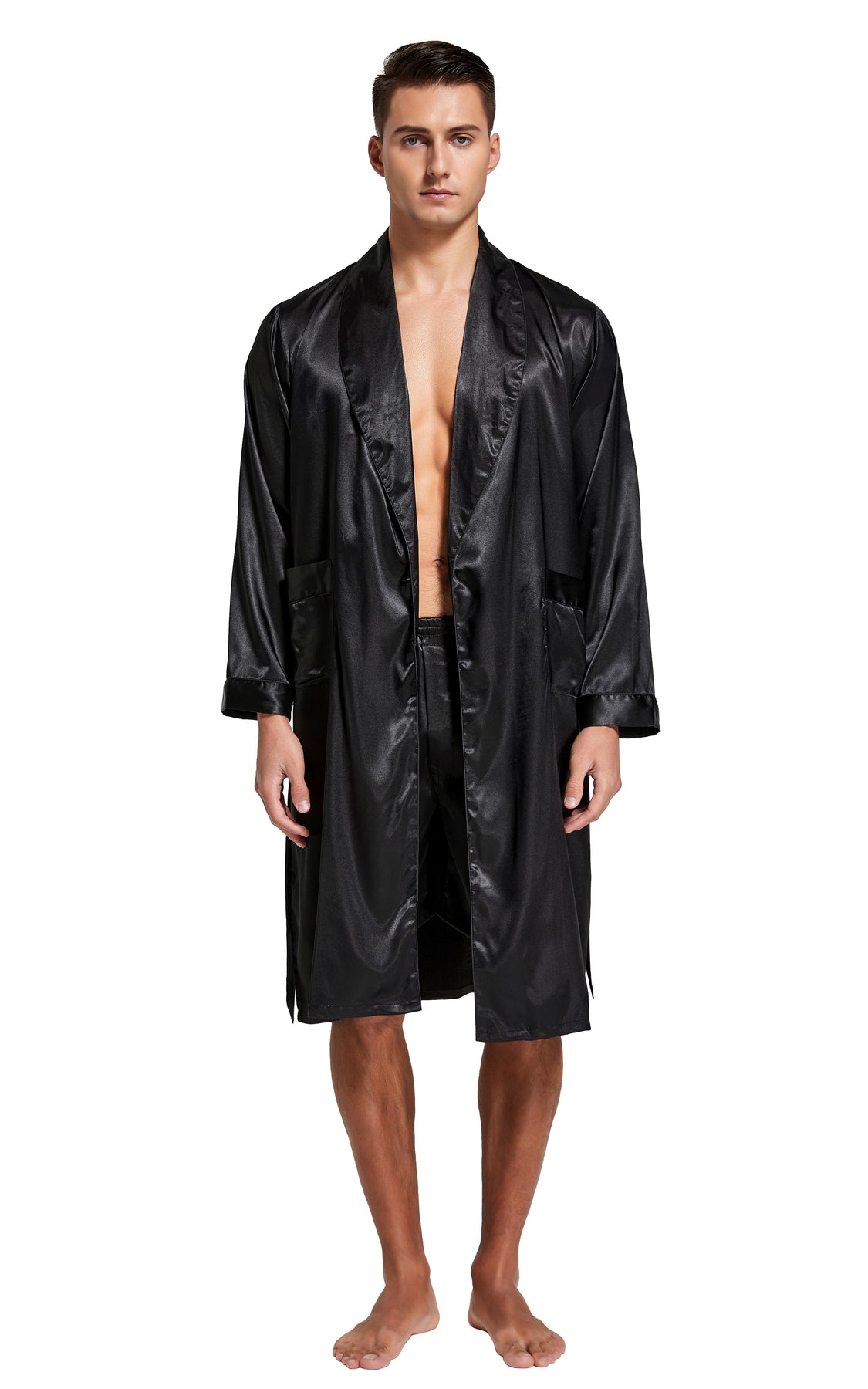 Black Robe For Men Men's Satin Long Sleeve Robe with Shorts Set-Black – Tony & Candice