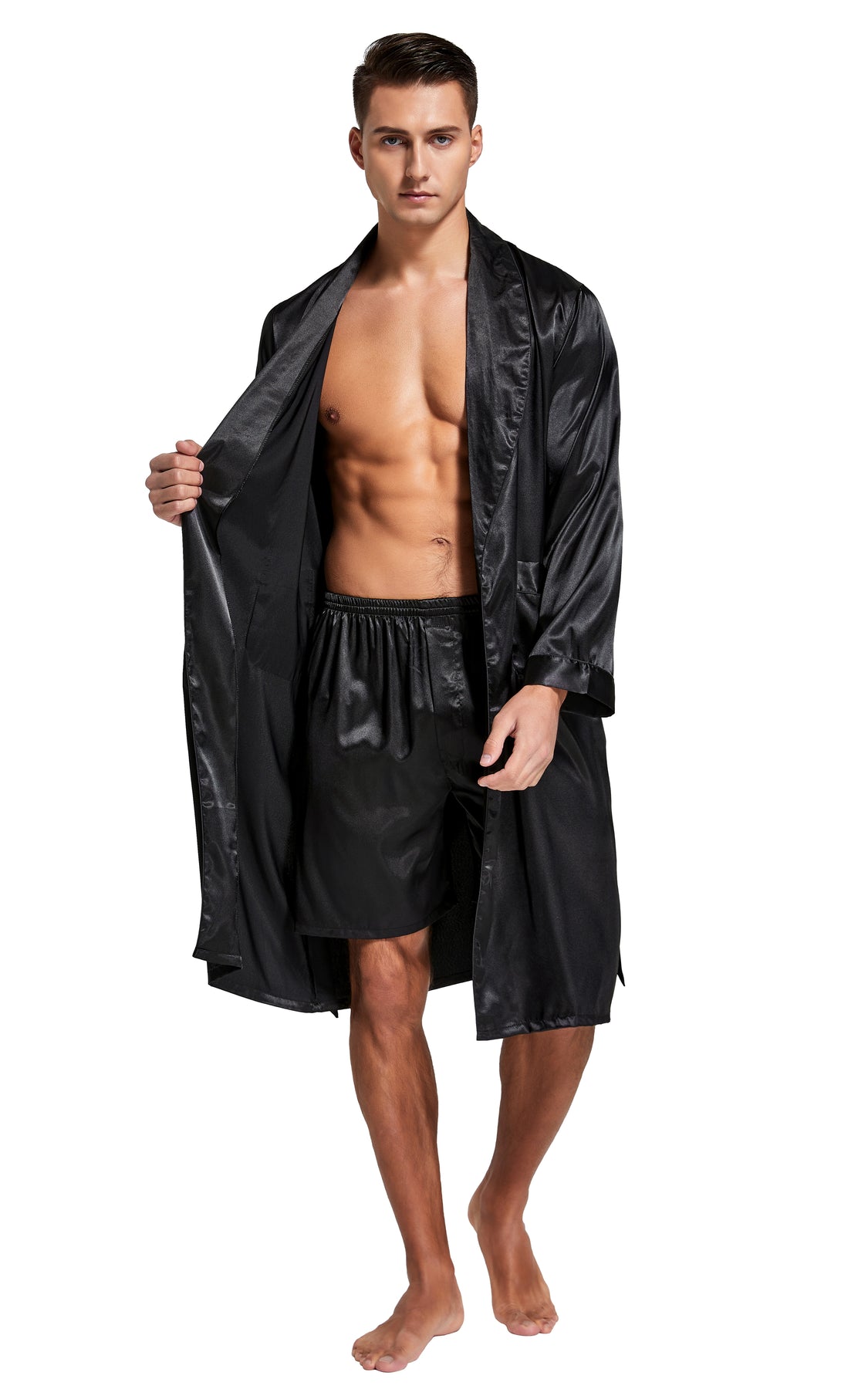 Men's Satin Long Sleeve Robe with Shorts Set-Black – Tony & Candice