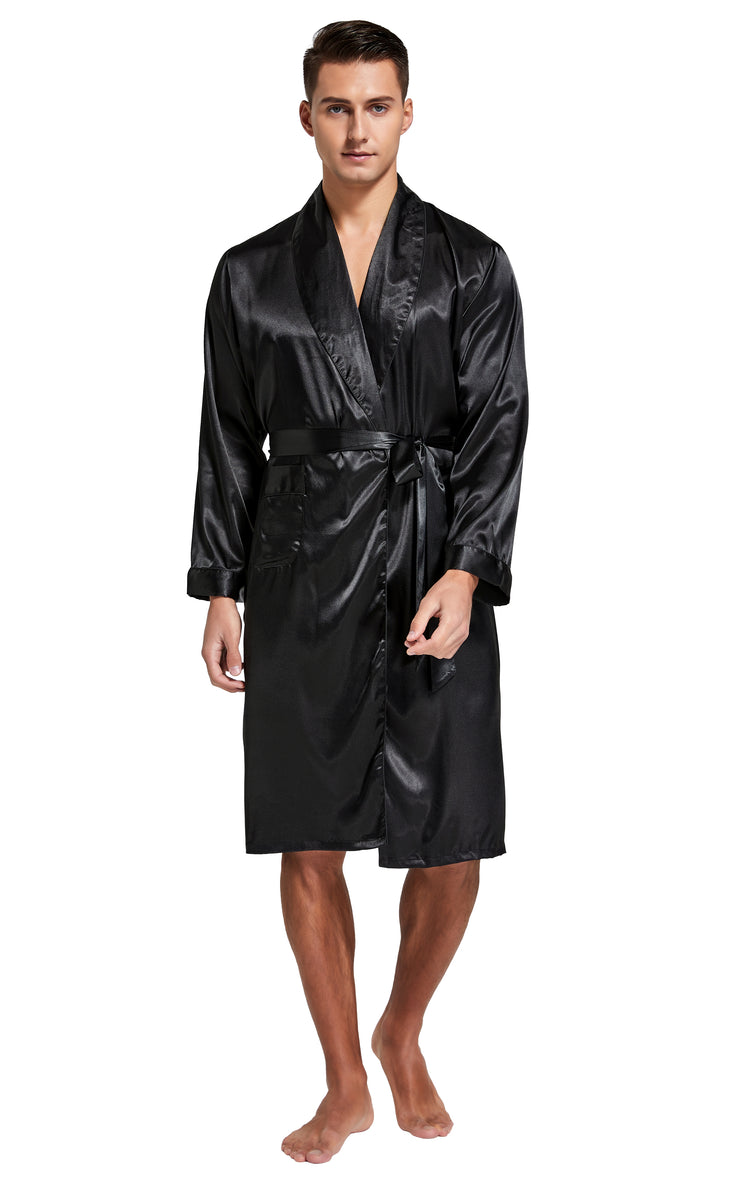 Men's Satin Long Sleeve Robe with Shorts Set-Black