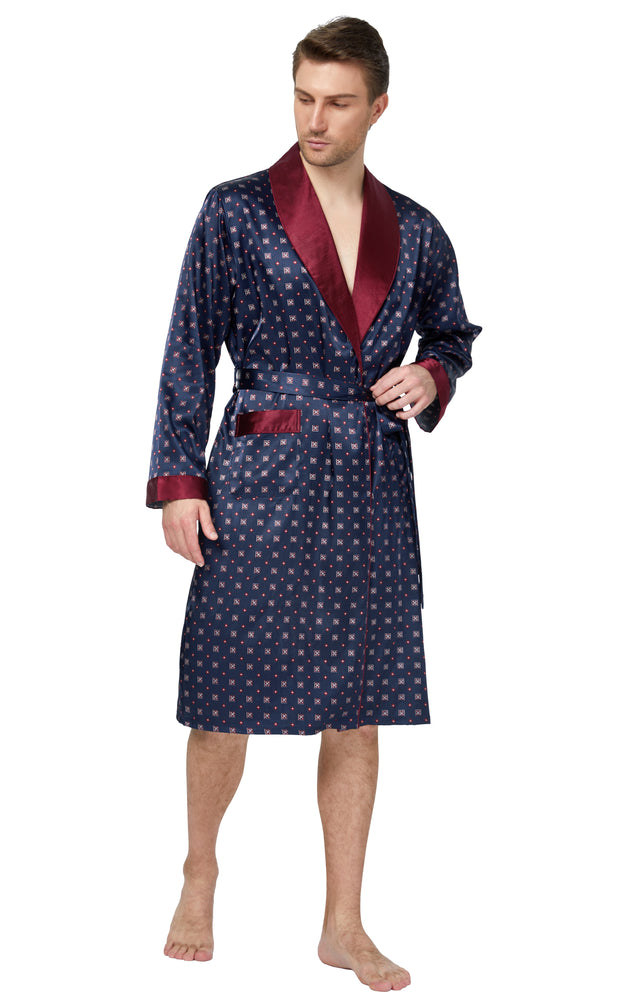 Men's Satin Long Sleeve Robe with Shorts Set-Blue/Burgundy