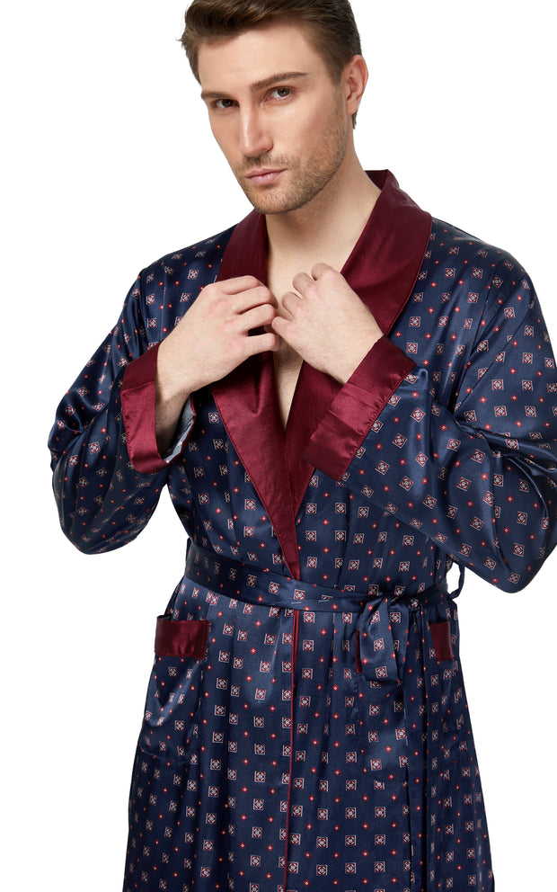 Men's Satin Long Sleeve Robe with Shorts Set-Blue/Burgundy