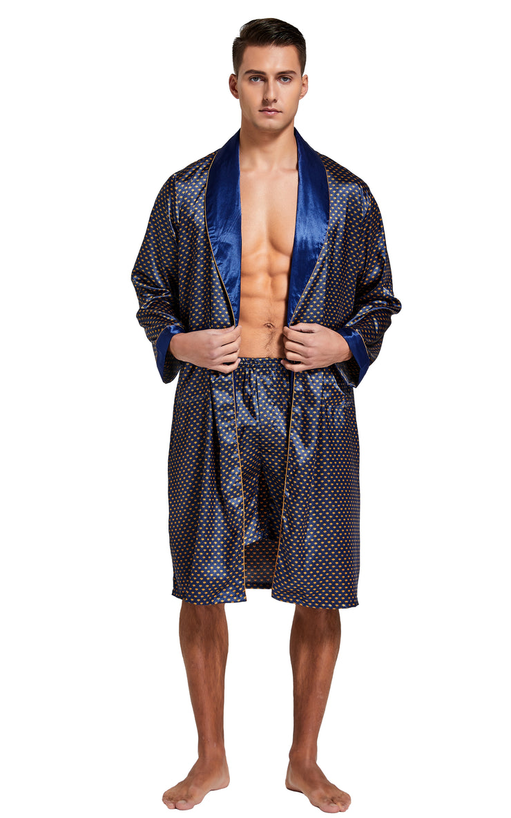 Men's Satin Long Sleeve Robe with Shorts Set-Navy and Golden Diamond