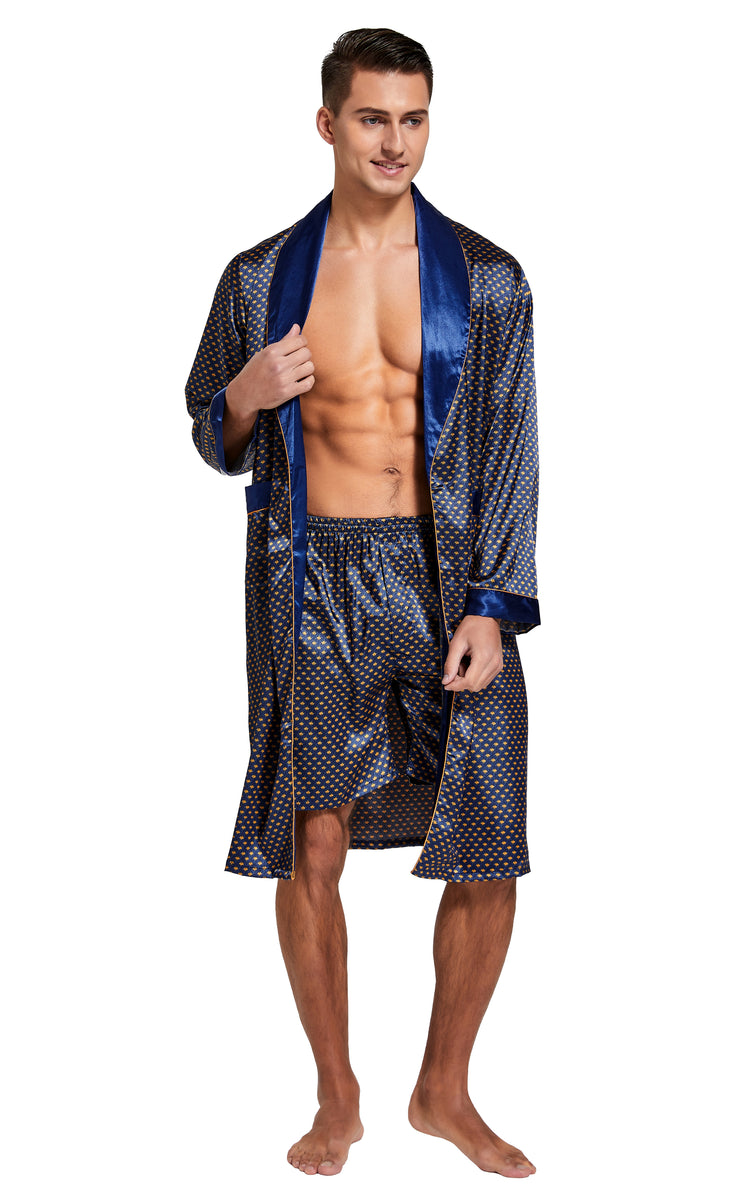 Men's Satin Long Sleeve Robe with Shorts Set-Navy and Golden Diamond