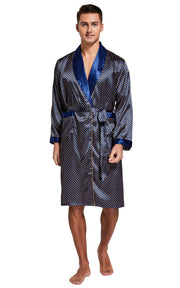 Men's Satin Long Sleeve Robe with Shorts Set-Navy and Golden Diamond
