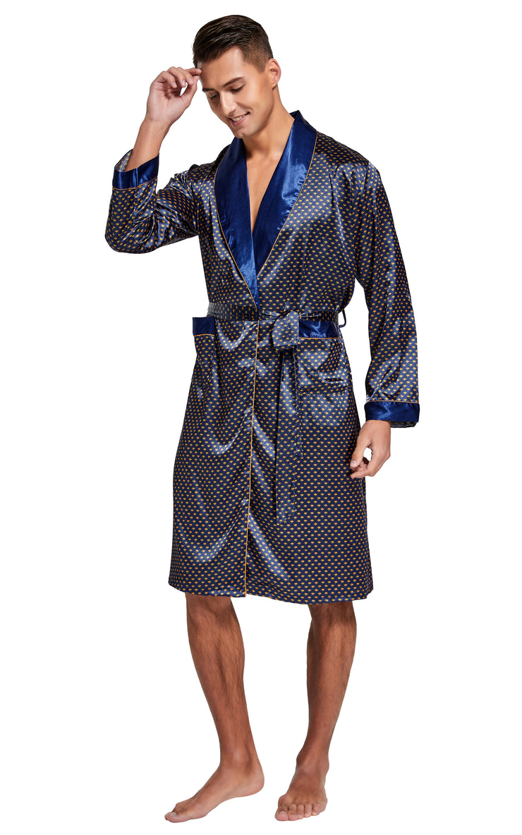 Men's Satin Long Sleeve Robe with Shorts Set-Navy and Golden Diamond