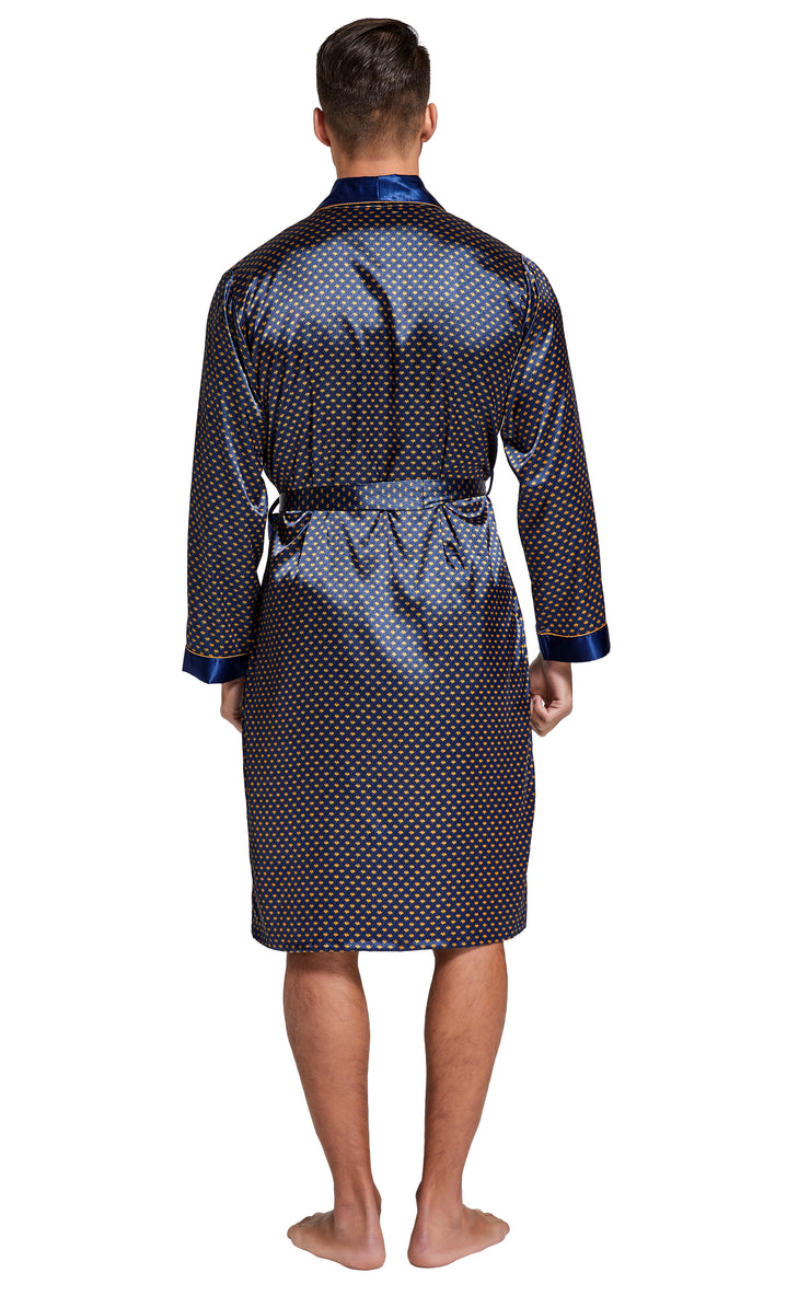 Men's Satin Long Sleeve Robe with Shorts Set-Navy and Golden Diamond