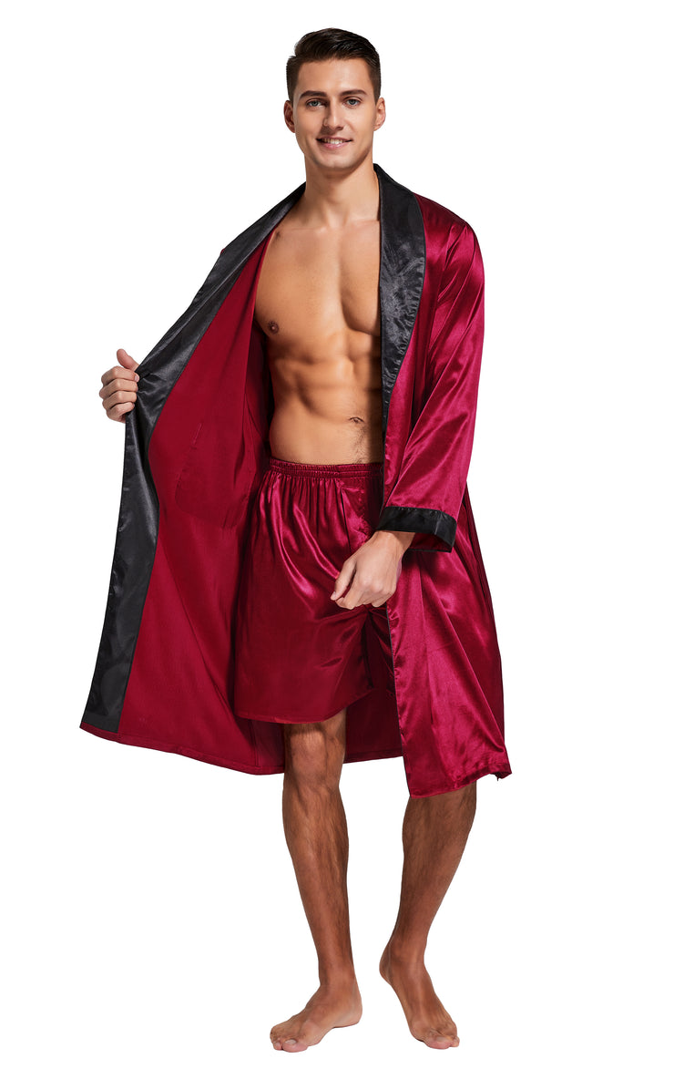 Men's Satin Long Sleeve Robe with Shorts Set-Burgundy with Black Collar