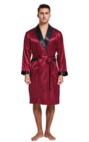 Men's Satin Long Sleeve Robe with Shorts Set-Burgundy with Black Collar