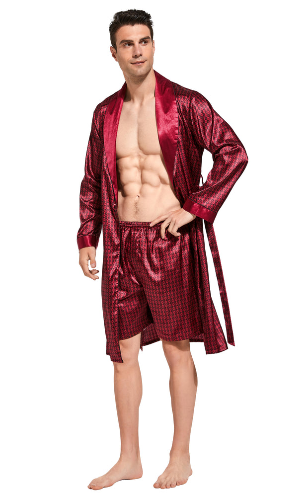 Men's Satin Long Sleeve Robe with Shorts Set-Burgundy with Black Diamonds