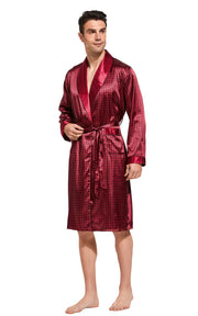 Men's Satin Long Sleeve Robe with Shorts Set-Burgundy with Black Diamonds