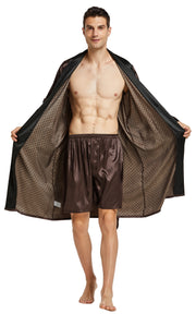 Men's Satin Long Sleeve Robe with Shorts Set-Chestnut