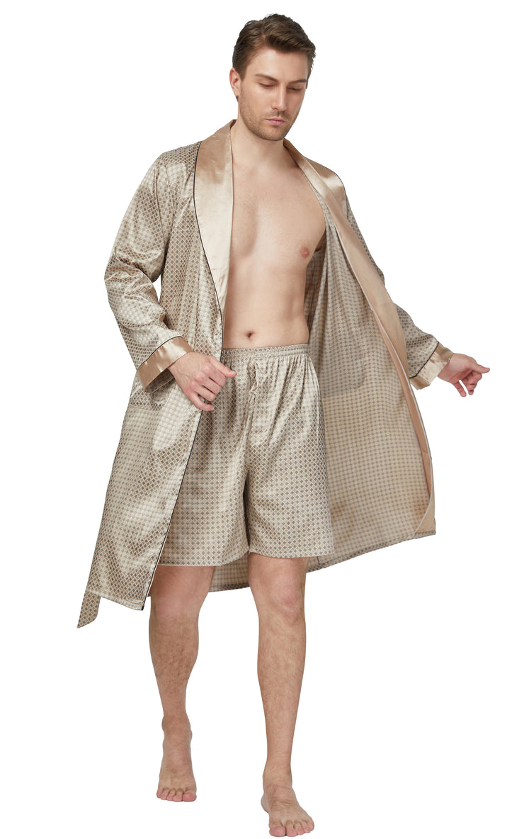 Men's Satin Long Sleeve Robe with Shorts Set-Coffee