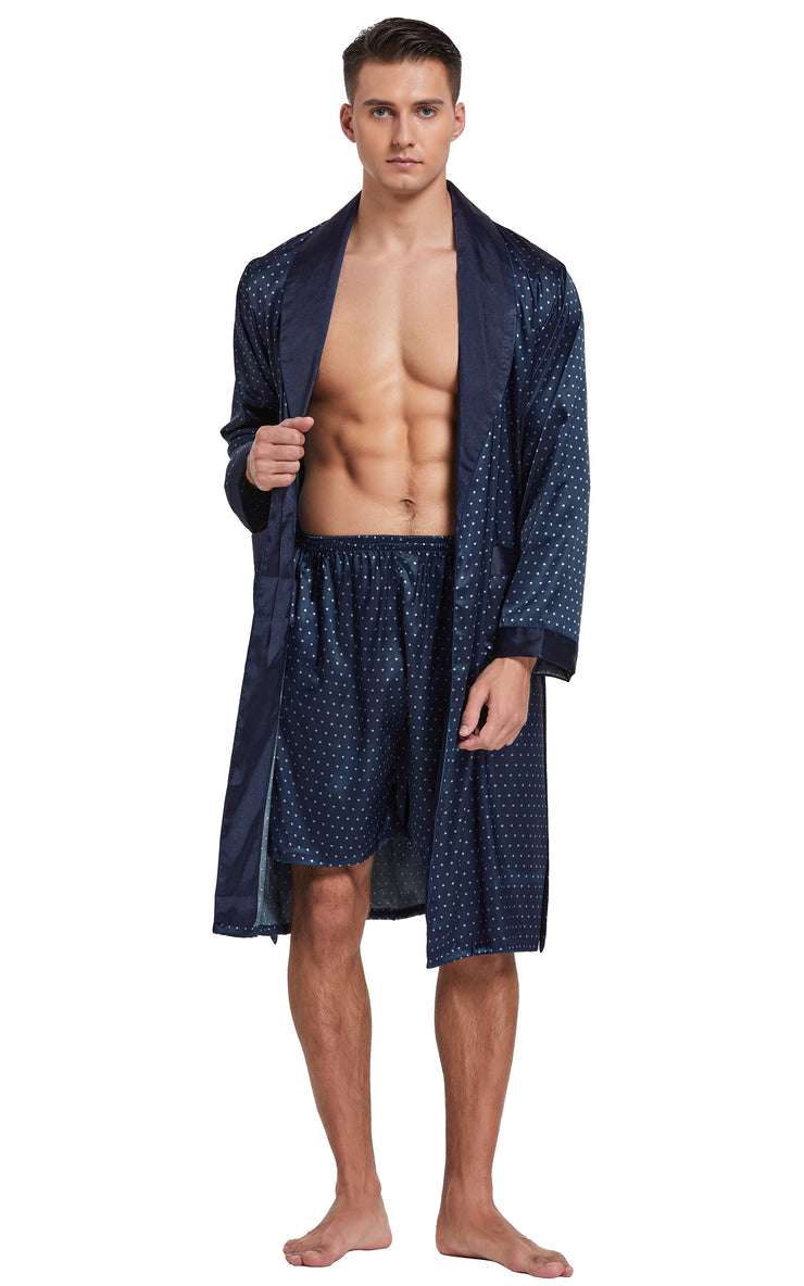 Men's Satin Long Sleeve Robe with Shorts Set-Navy Blue with Polka Dots