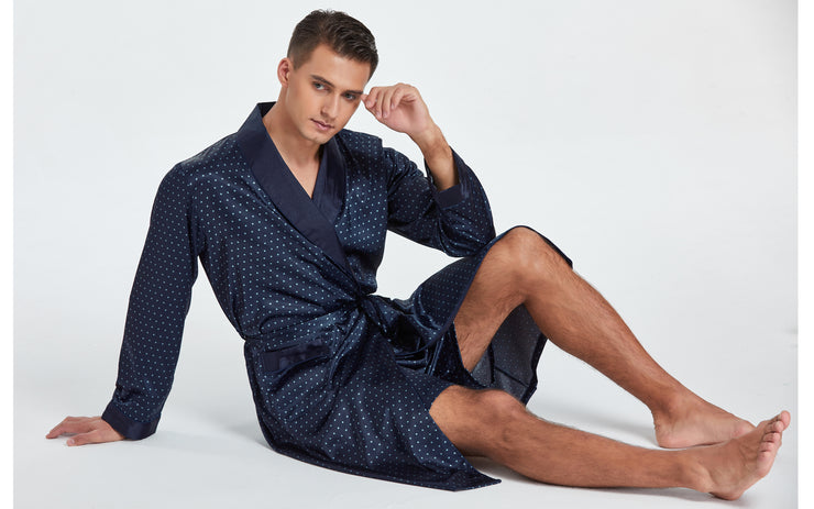 Men's Satin Long Sleeve Robe with Shorts Set-Navy Blue with Polka Dots