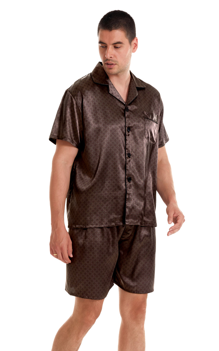 Men's Silk Satin Pajama Set Short Sleeve-Chestnut