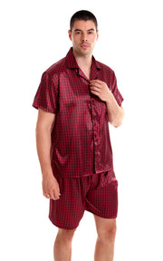Men's Silk Satin Pajama Set Short Sleeve-Burgundy with Black Diamonds