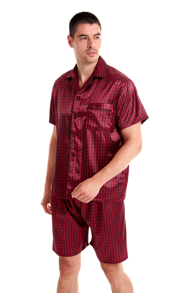 Men's Silk Satin Pajama Set Short Sleeve-Burgundy with Black Diamonds