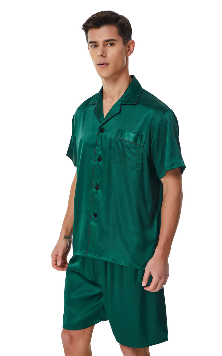 Men's Silk Satin Pajama Set Short Sleeve-Deep Green with Black Piping