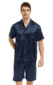 Men's Silk Satin Pajama Set Short Sleeve-Navy Blue with Polka Dots