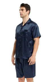 Men's Silk Satin Pajama Set Short Sleeve-Navy Blue with Polka Dots