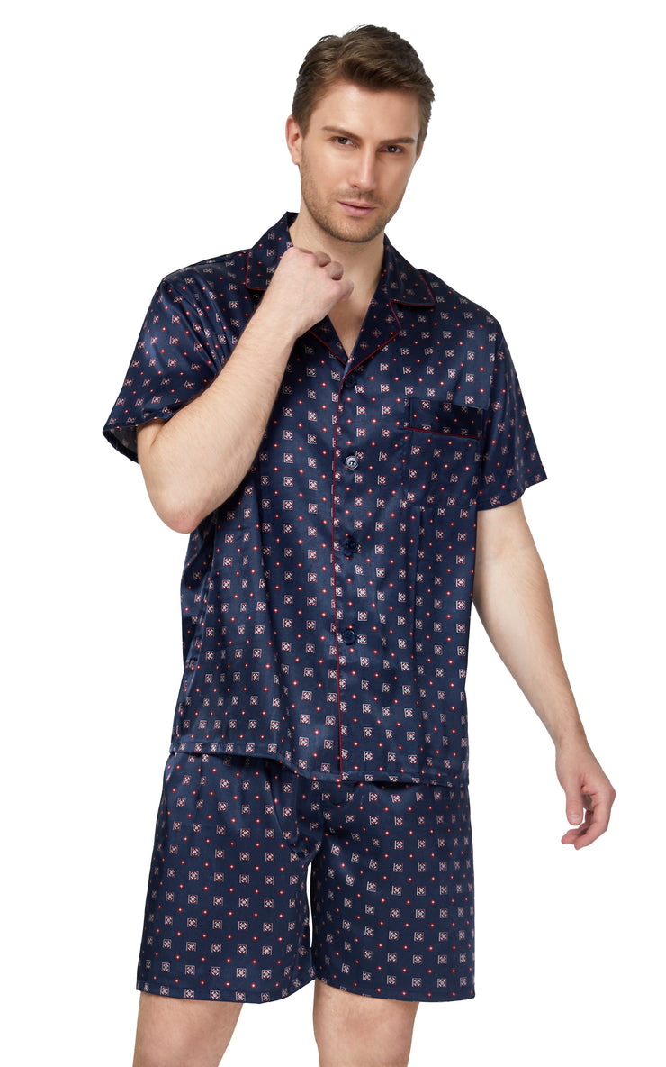 Men's Silk Satin Pajama Set Short Sleeve-Blue/Burgundy