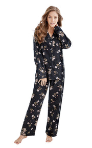 Women's Cotton Long Sleeve Flannel Pajama Set-Black Floral Print