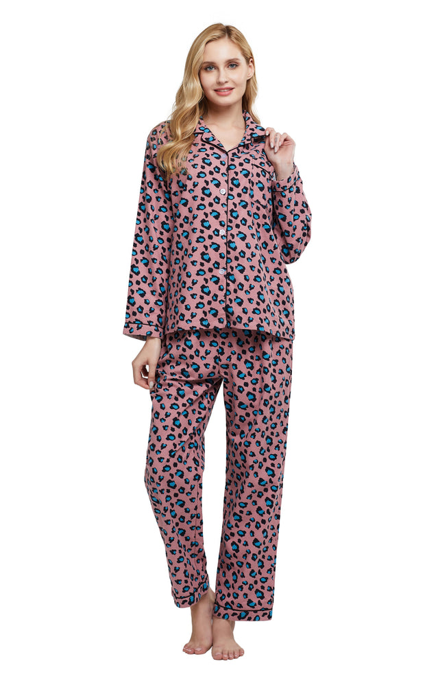 Women's Cotton Long Sleeve Flannel Pajama Set-Pink with Blue Leopard