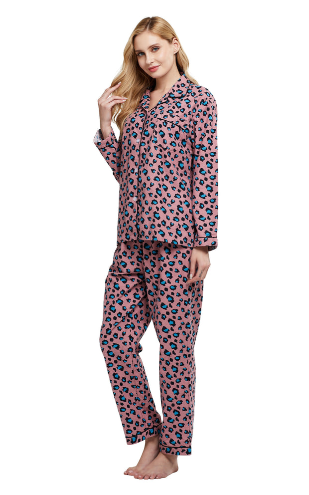 Women's Cotton Long Sleeve Flannel Pajama Set-Pink with Blue Leopard