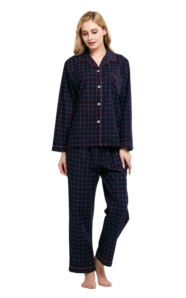 Women's Cotton Long Sleeve Flannel Pajama Set-Navy Blue Plaid
