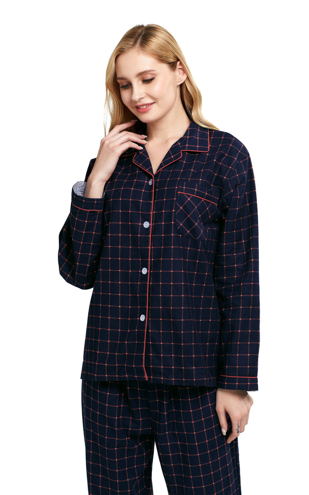 Women's Cotton Long Sleeve Flannel Pajama Set-Navy Blue Plaid