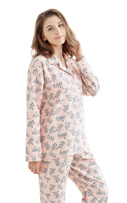 Women's Cotton Long Sleeve Flannel Pajama Set-Light Pink with Green Branches
