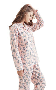Women's Cotton Long Sleeve Flannel Pajama Set-Light Pink with Green Branches
