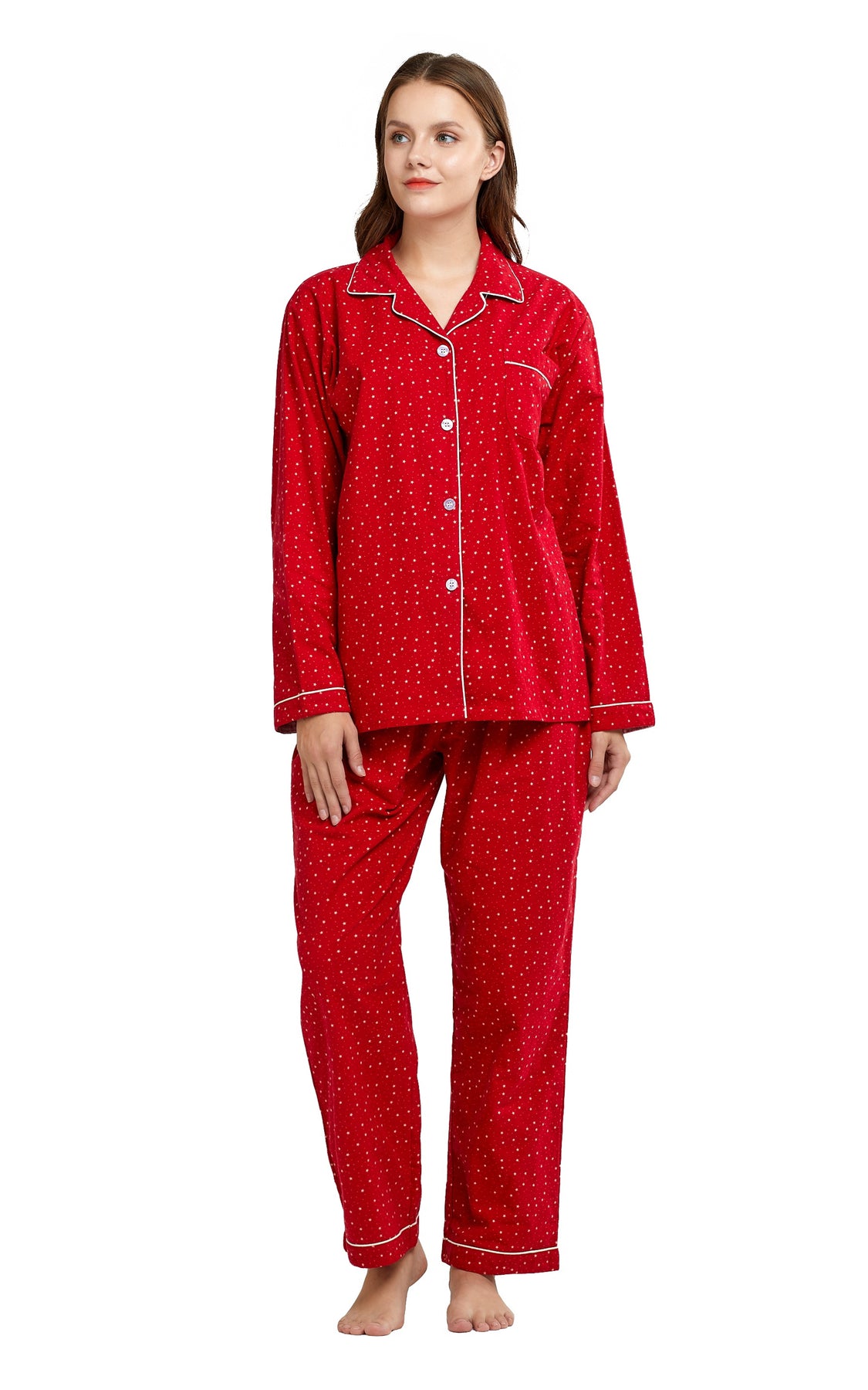 Women's Cotton Long Sleeve Flannel Pajama Set-Red with Beige Stars ...