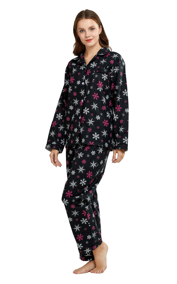 Women's Cotton Long Sleeve Flannel Pajama Set-Black with Snowflakes