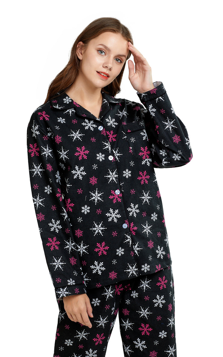 Women's Cotton Long Sleeve Flannel Pajama Set-Black with Snowflakes