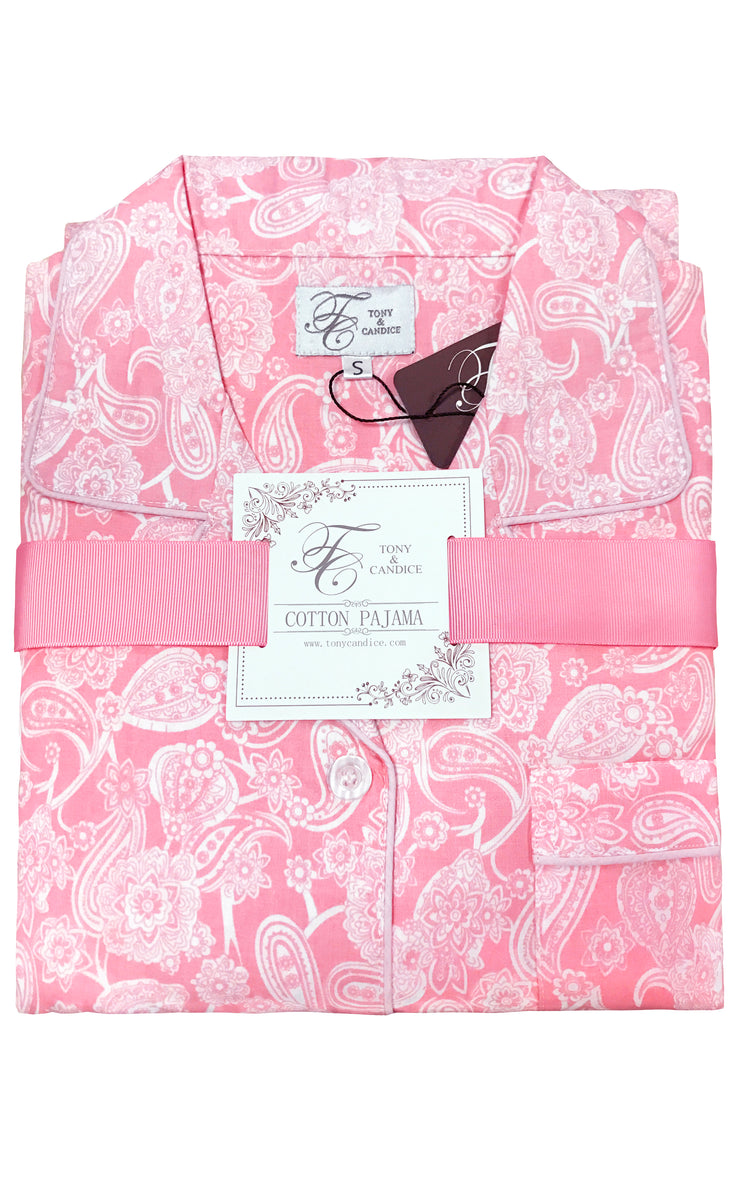 Women's Cotton Long Sleeve Woven Pajama Set-Pink with White Paisleys