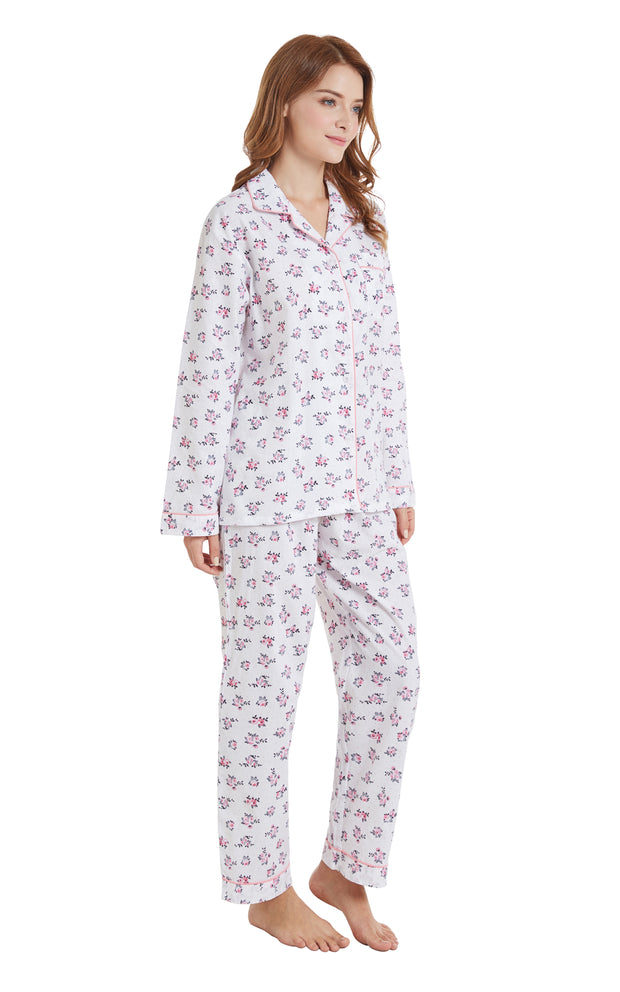 Women's Cotton Long Sleeve Woven Pajama Set-White with Pink Floral Print