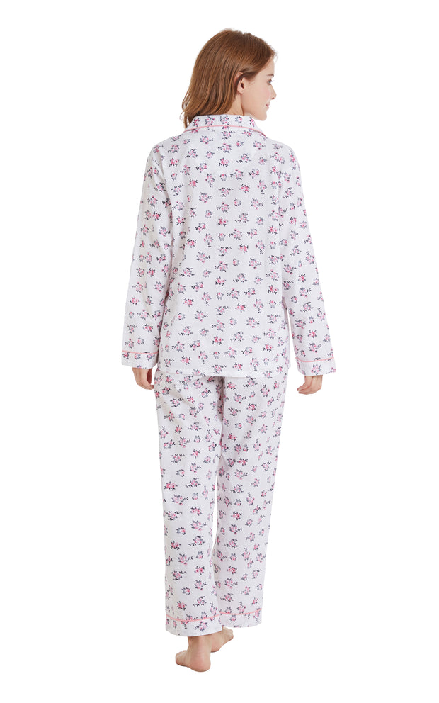 Women's Cotton Long Sleeve Woven Pajama Set-White with Pink Floral Print