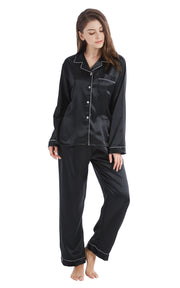 Women's Silk Satin Pajama Set Long Sleeve-Black with White Piping