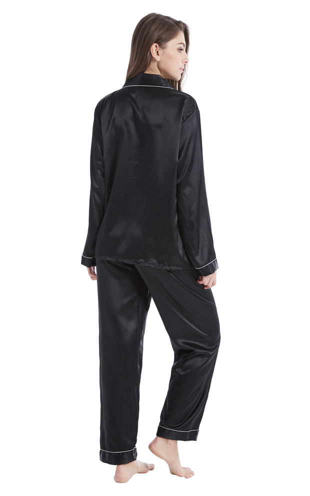 Women's Silk Satin Pajama Set Long Sleeve-Black with White Piping
