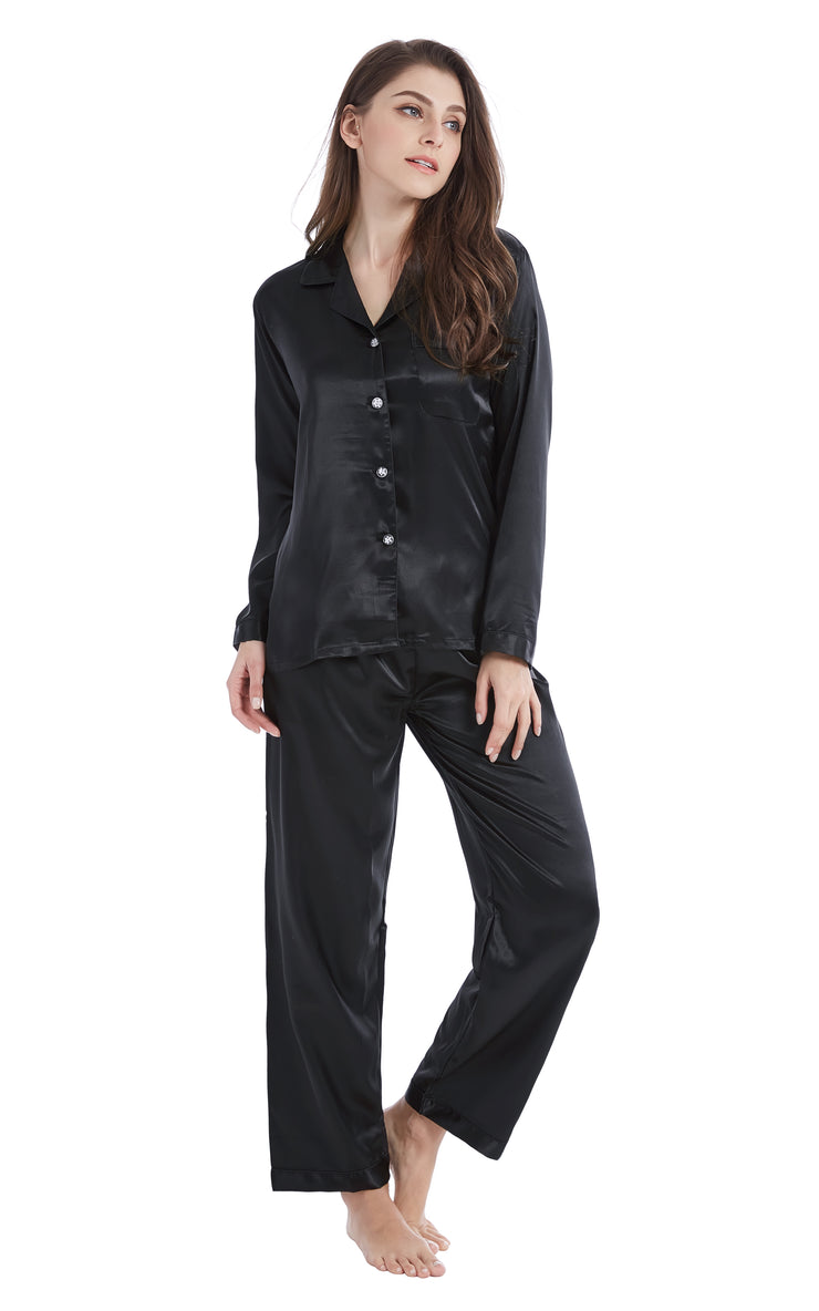 Women's Silk Satin Pajama Set Long Sleeve-Black