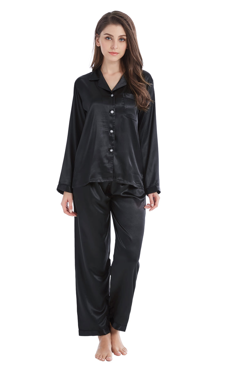 Women's Silk Satin Pajama Set Long Sleeve-Black