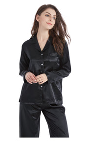 Women's Silk Satin Pajama Set Long Sleeve-Black