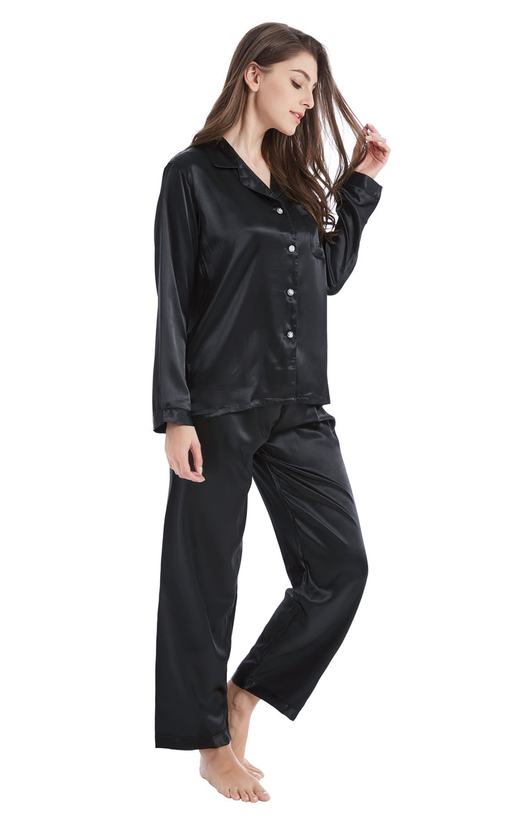 Women's Silk Satin Pajama Set Long Sleeve-Black