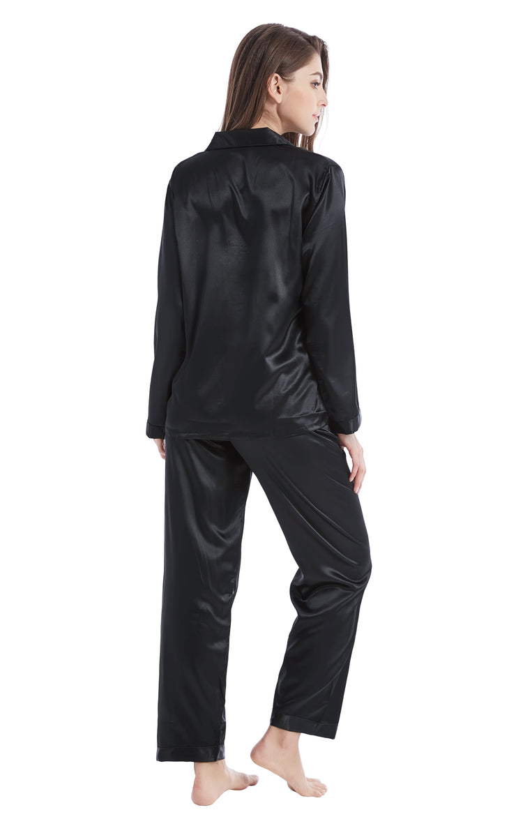 Women's Silk Satin Pajama Set Long Sleeve-Black