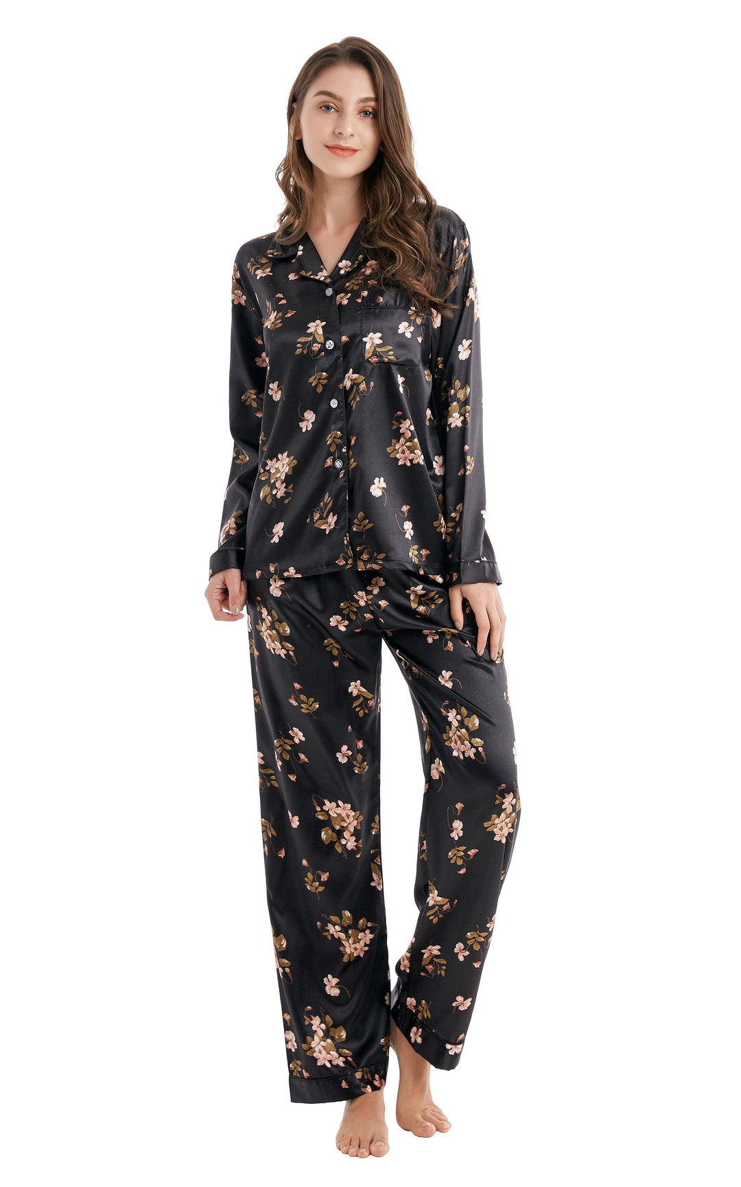 Women s Silk Satin Pajama Set Long Sleeve Black Floral Print Tony Candice