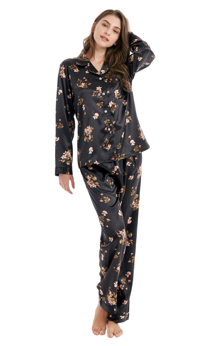 Womens Silk Satin Pajama Set Long Sleeve Black Floral Print Tony