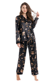 Women's Silk Satin Pajama Set Long Sleeve-Black Floral Print