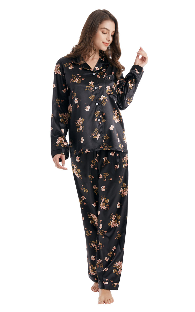 Women's Silk Satin Pajama Set Long Sleeve-Black Floral Print